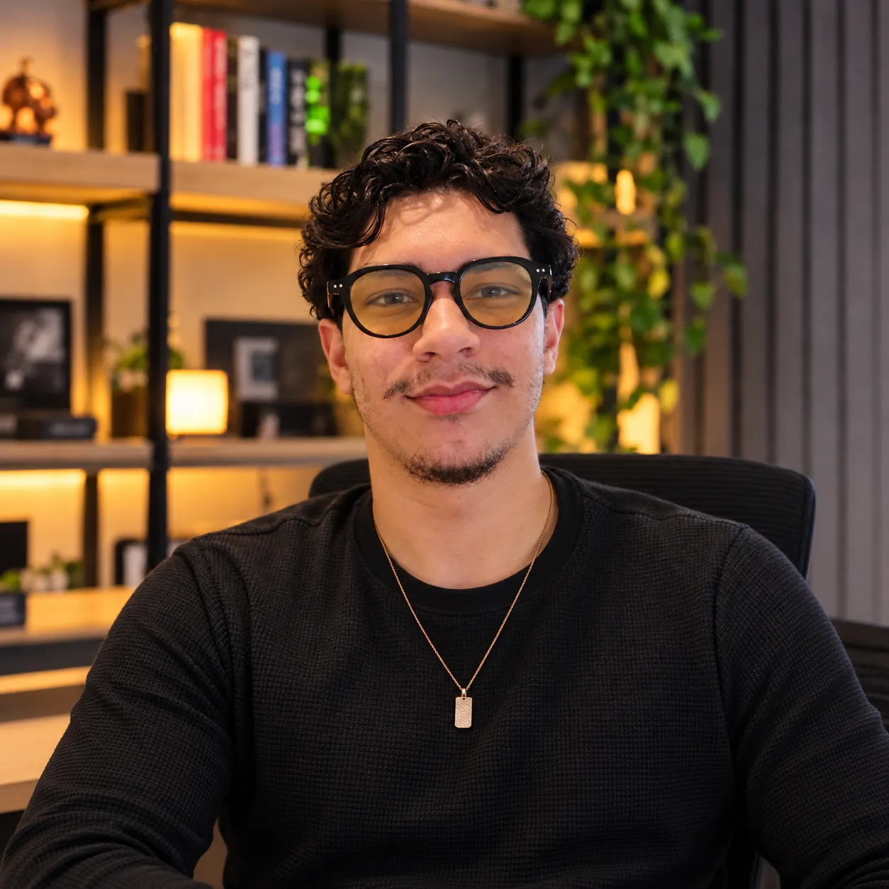 Retrato de Niel Hart, web designer que cria landing pages para advogados, de óculos e blusa preta, sorrindo em seu escritório